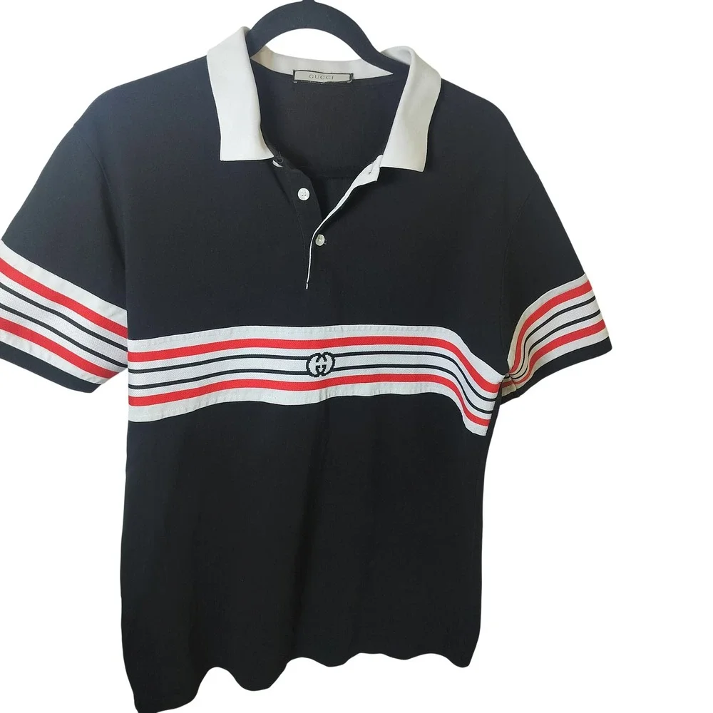 Gucci Mens Interlocking‎ G Striped Polo Shirt Black Red White Short Sleeve